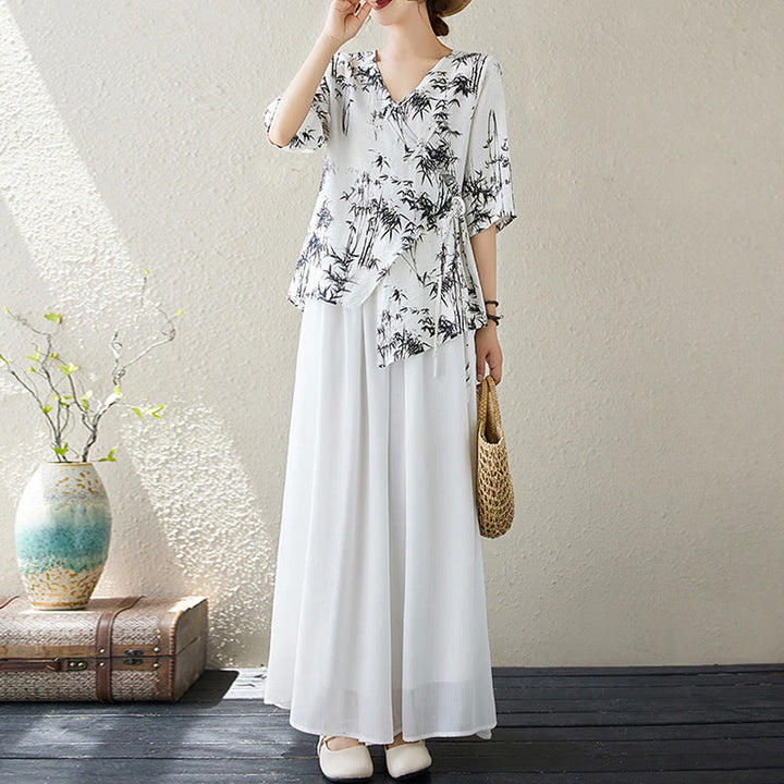 Camisa con botón de rana con estampado de hojas de bambú en tinta Buddha Stones, cuello en V con cordones - image 5