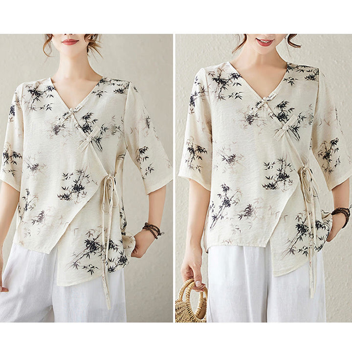 Camisa con botón de rana con estampado de hojas de bambú en tinta Buddha Stones, cuello en V con cordones - image 17