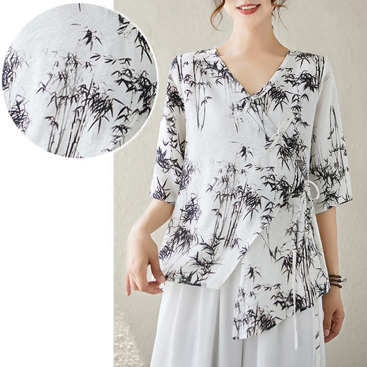 Camisa con botón de rana con estampado de hojas de bambú en tinta Buddha Stones, cuello en V con cordones - image 4