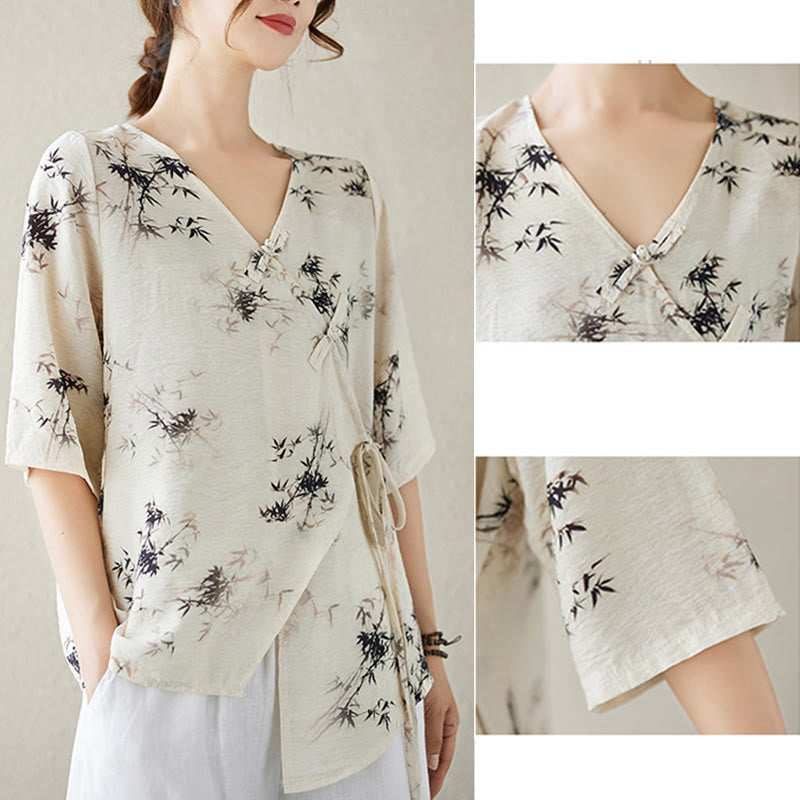 Camisa con botón de rana con estampado de hojas de bambú en tinta Buddha Stones, cuello en V con cordones - image 14