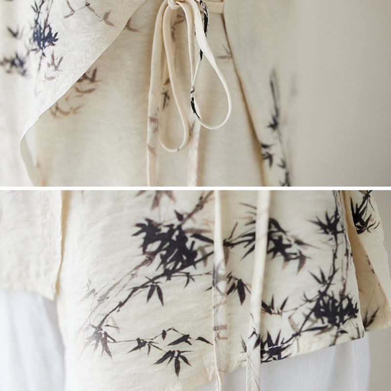 Camisa con botón de rana con estampado de hojas de bambú en tinta Buddha Stones, cuello en V con cordones - image 12