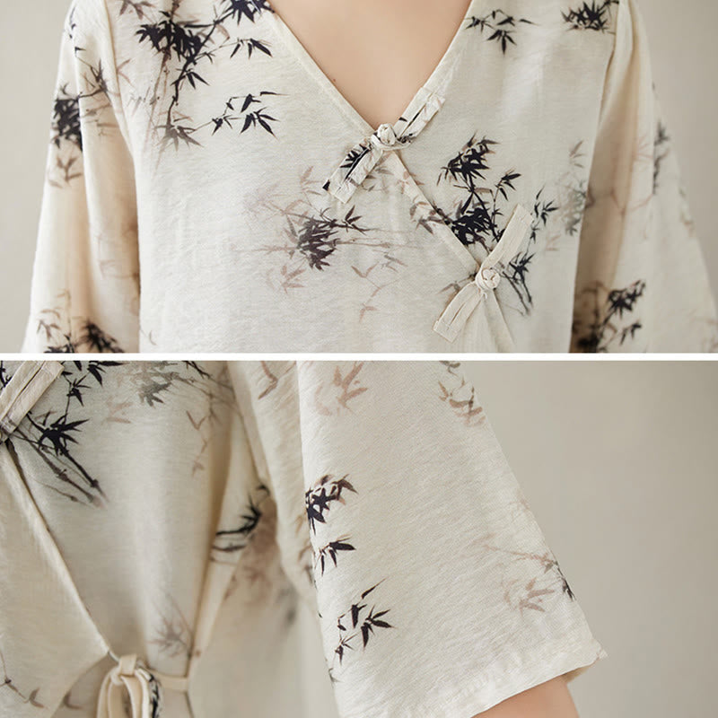 Camisa con botón de rana con estampado de hojas de bambú en tinta Buddha Stones, cuello en V con cordones - image 11