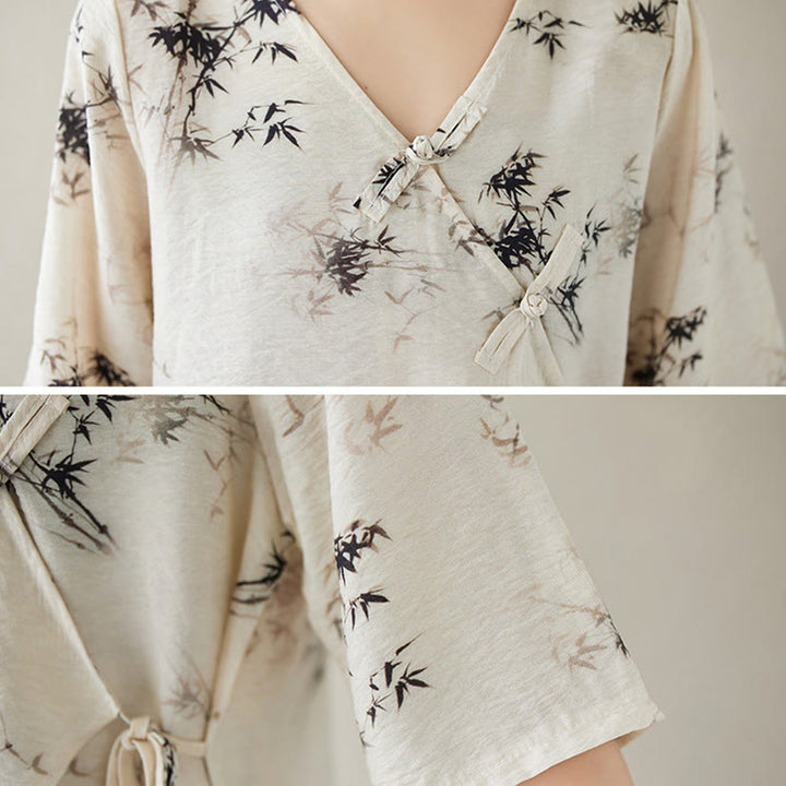 Camisa con botón de rana con estampado de hojas de bambú en tinta Buddha Stones, cuello en V con cordones - image 11