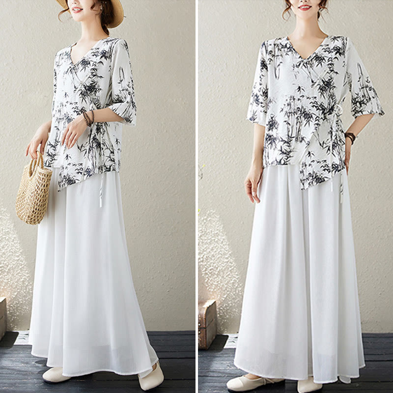 Camisa con botón de rana con estampado de hojas de bambú en tinta Buddha Stones, cuello en V con cordones - image 6