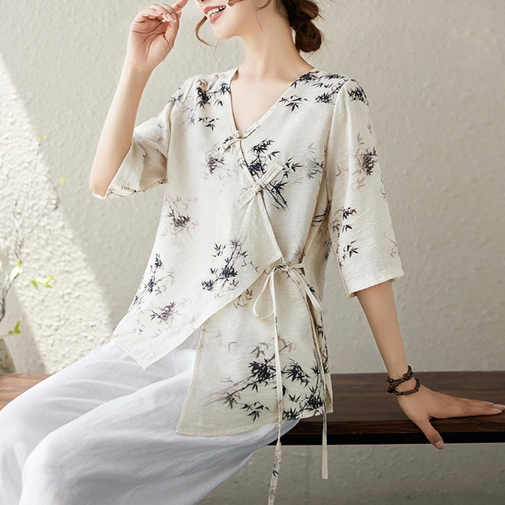 Camisa con botón de rana con estampado de hojas de bambú en tinta Buddha Stones, cuello en V con cordones - image 9