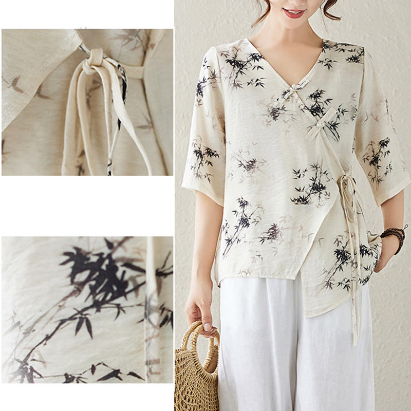 Camisa con botón de rana con estampado de hojas de bambú en tinta Buddha Stones, cuello en V con cordones - image 15