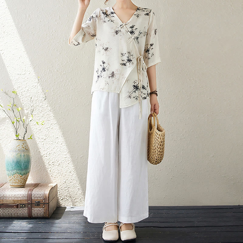 Camisa con botón de rana con estampado de hojas de bambú en tinta Buddha Stones, cuello en V con cordones - image 18