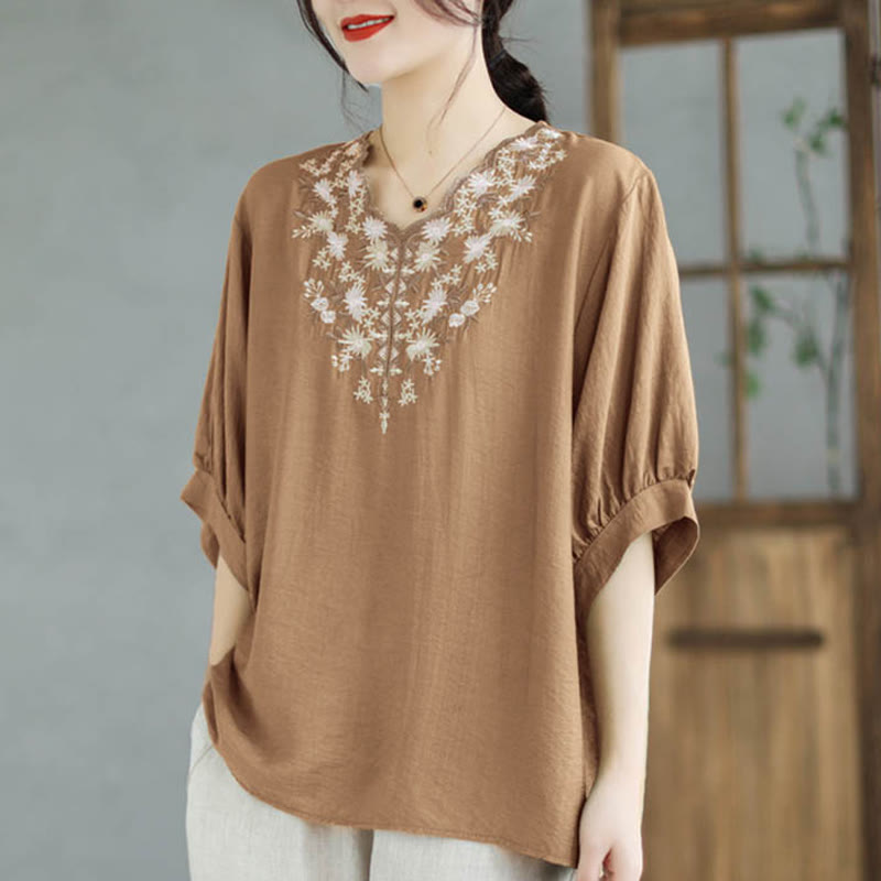 Buddha Stones Camiseta de algodón y lino con bordado floral pequeño, de cuello en V y media manga - NavajoBlanco - F (Apto para US4-8/10; UK/AU8-12/14; EU 36-40/42) - image 11