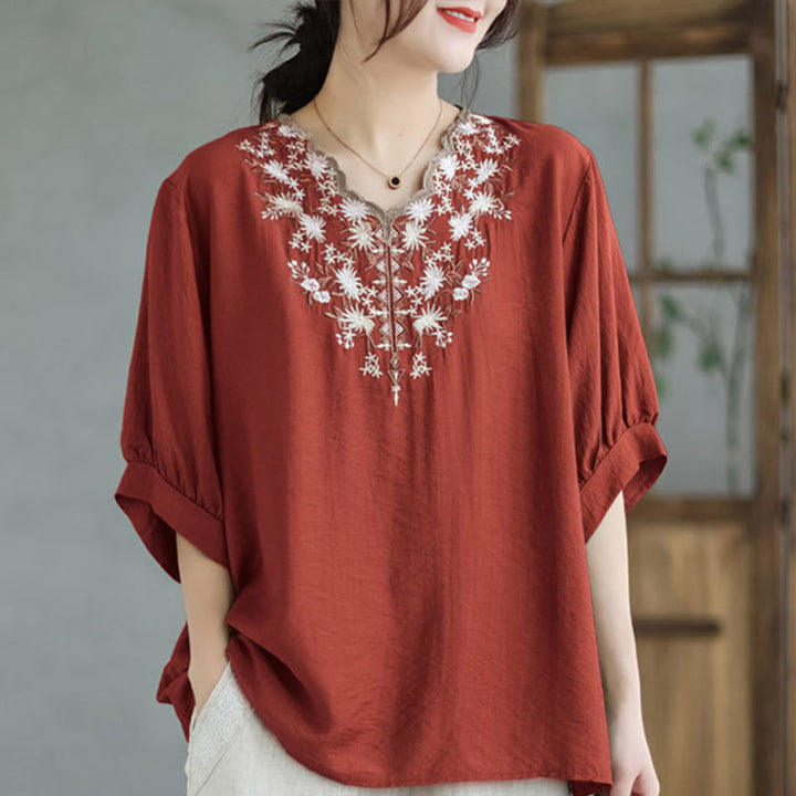 Buddha Stones Camiseta de algodón y lino con bordado floral pequeño, de cuello en V y media manga - Tomate - F (Apto para US4-8/10; UK/AU8-12/14; EU 36-40/42) - image 2