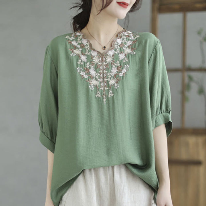 Buddha Stones Camiseta de algodón y lino con bordado floral pequeño, de cuello en V y media manga - Aguamarina - F (Apto para US4-8/10; UK/AU8-12/14; EU 36-40/42) - image 4