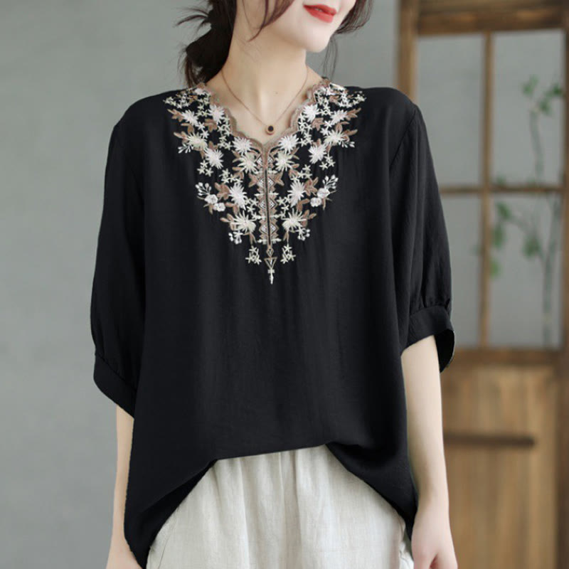 Buddha Stones Camiseta de algodón y lino con bordado floral pequeño, de cuello en V y media manga - Negro - F (Apto para US4-8/10; UK/AU8-12/14; EU 36-40/42) - image 0