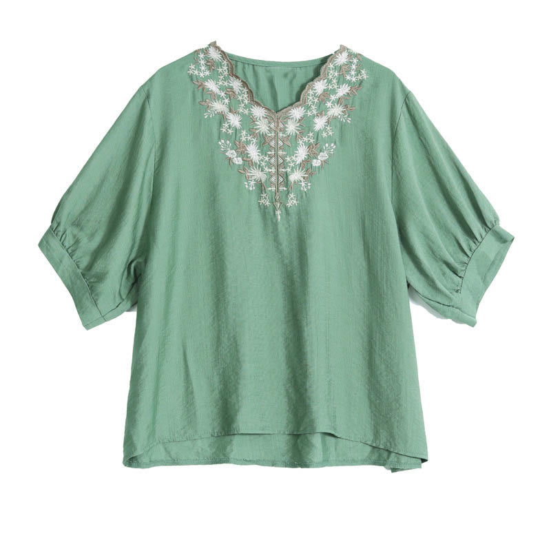 Buddha Stones Camiseta de algodón y lino con bordado floral pequeño, de cuello en V y media manga - image 5