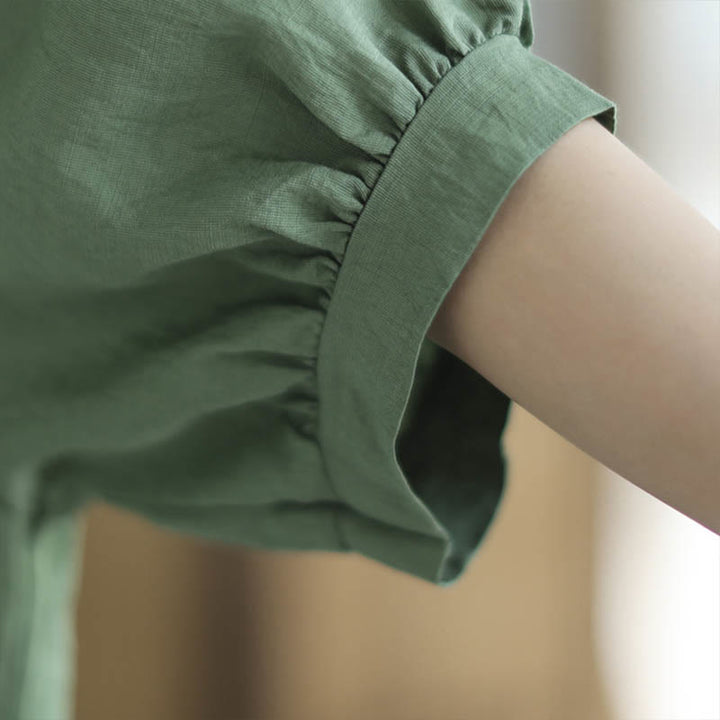 Buddha Stones Camiseta de algodón y lino con bordado floral pequeño, de cuello en V y media manga - image 9