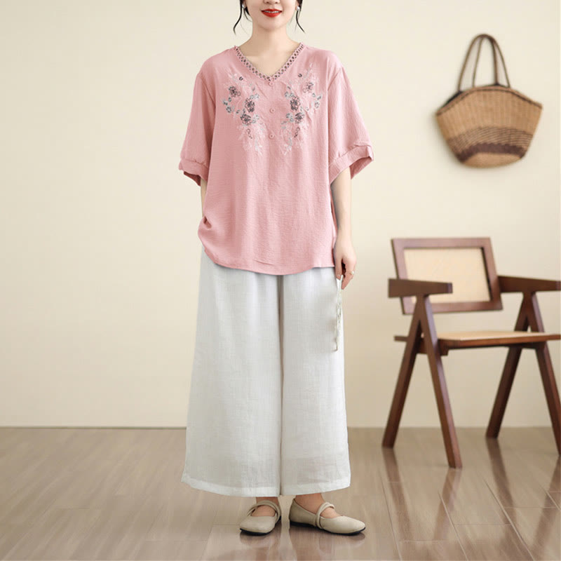 Camiseta de manga media con cuello en V y bordado floral de Buddha Stones - image 3