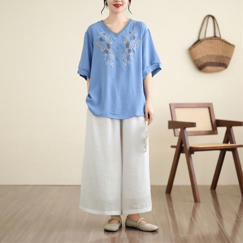 Camiseta de manga media con cuello en V y bordado floral de Buddha Stones - image 12