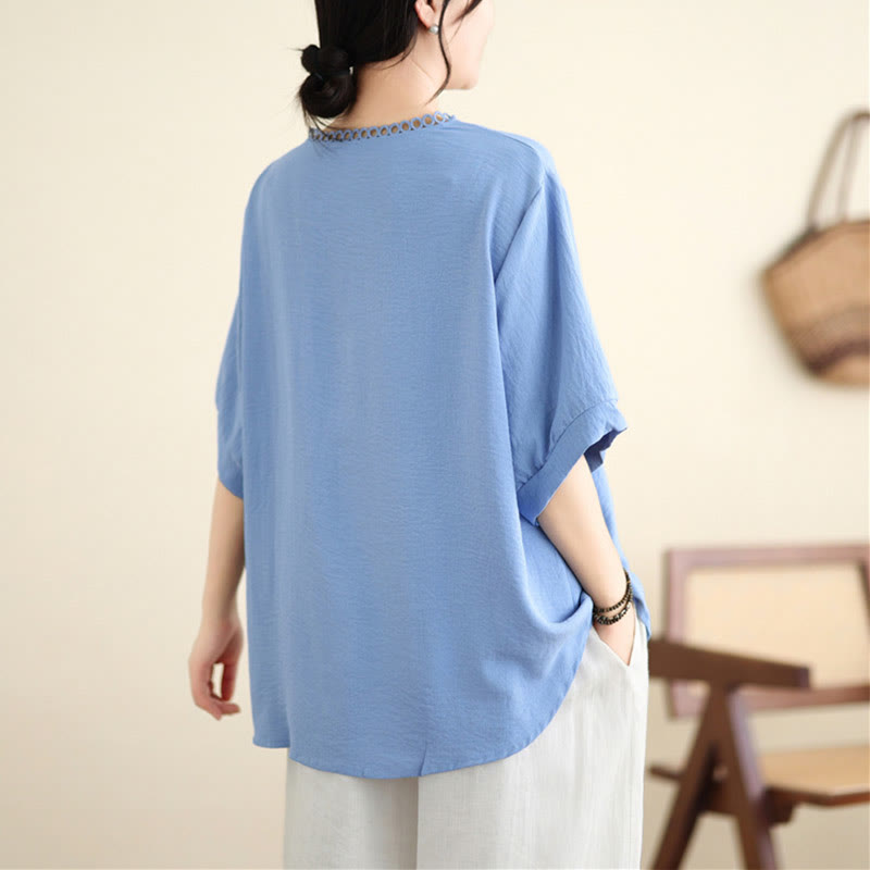 Camiseta de manga media con cuello en V y bordado floral de Buddha Stones - image 5