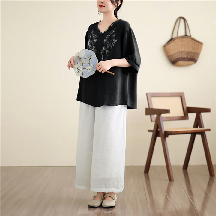 Camiseta de manga media con cuello en V y bordado floral de Buddha Stones - image 16