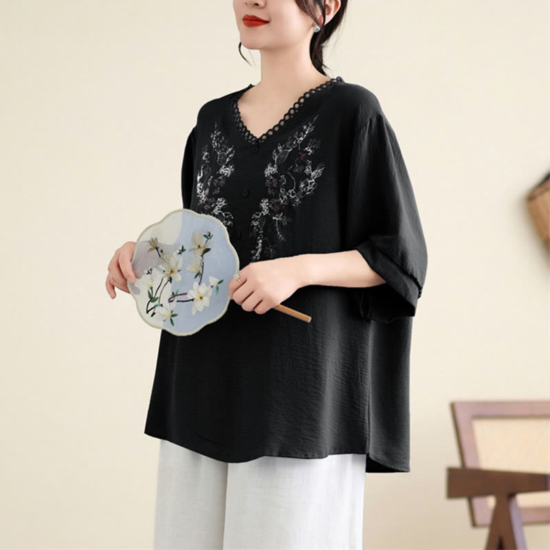 Camiseta de manga media con cuello en V y bordado floral de Buddha Stones - image 14