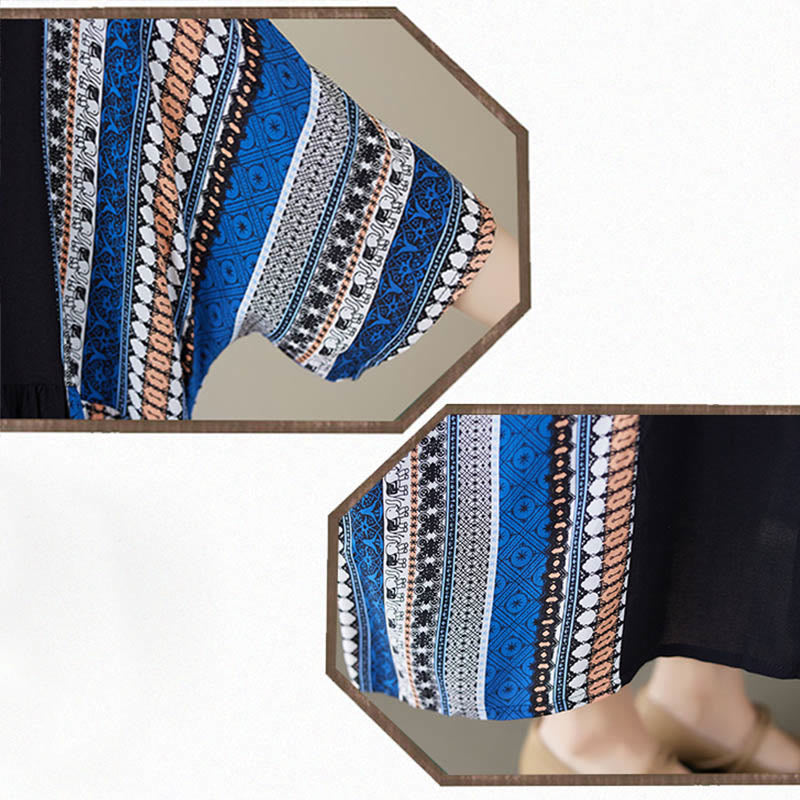 Buddha Stones Vestido negro con rayas azules de manga corta y longitud media con bolsillos - image 13