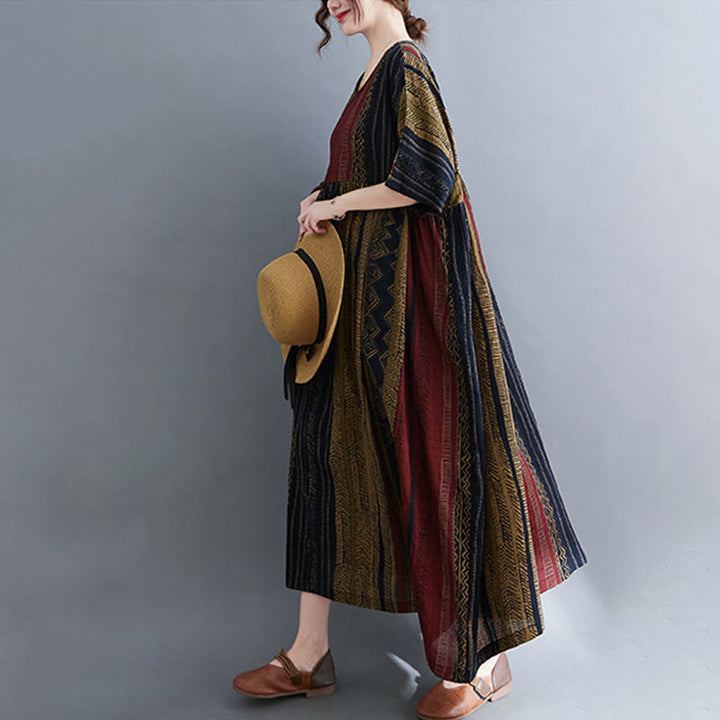 Vestido midi bohemio de manga corta con bolsillos Buddha Stones