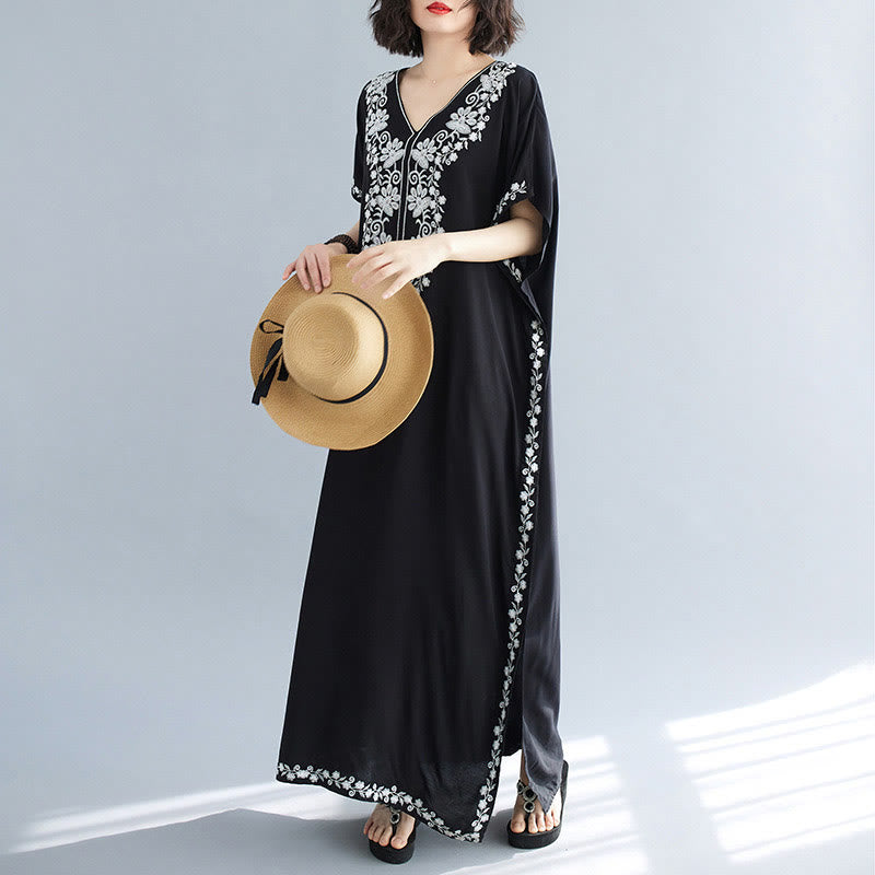 Vestido largo de verano con flores bordadas, cuello en V y manga corta de Buddha Stones - image 12