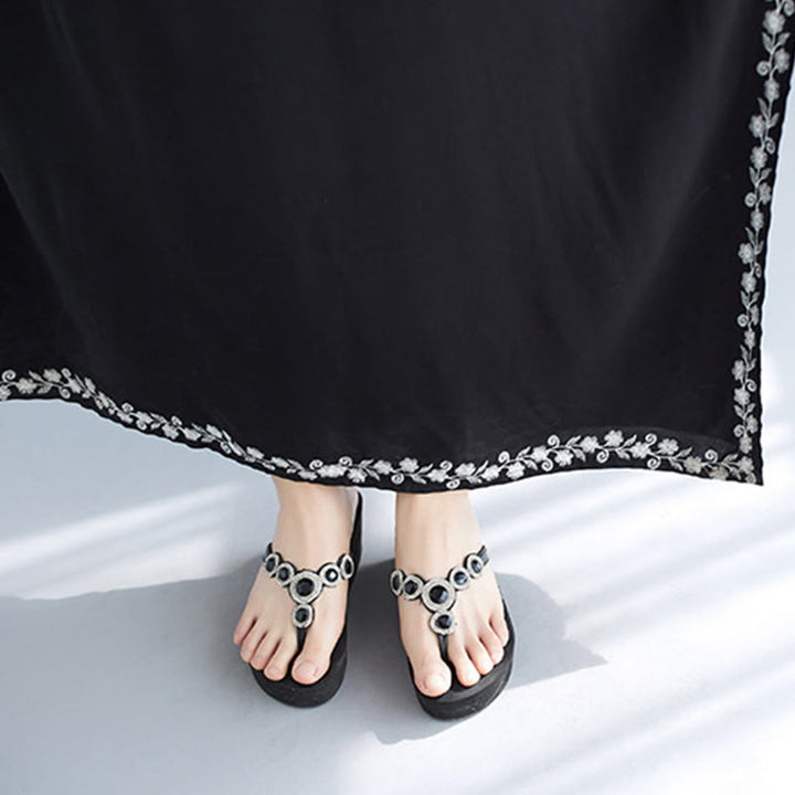 Vestido largo de verano con flores bordadas, cuello en V y manga corta de Buddha Stones - image 7