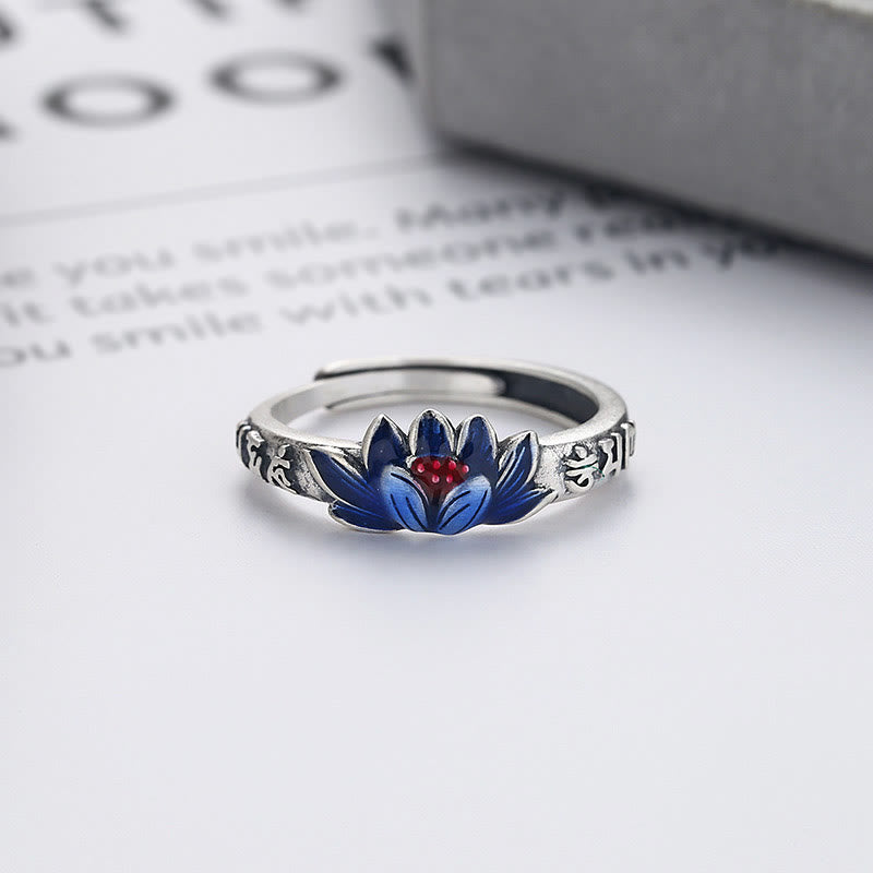 Buddha Stones Anillo de Paz en Plata de Ley 925 con Relieve de Loto Om Mani Padme Hum