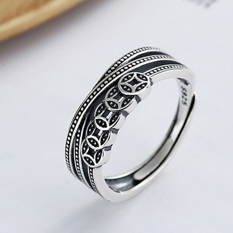 Anillo ajustable de plata de ley 925 de Buddha Stones con monedas de cobre para bendición de riqueza
