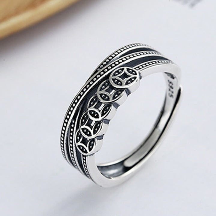 Anillo ajustable de plata de ley 925 de Buddha Stones con monedas de cobre para bendición de riqueza