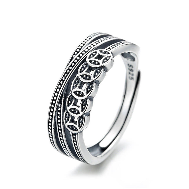 Anillo ajustable de plata de ley 925 de Buddha Stones con monedas de cobre para bendición de riqueza