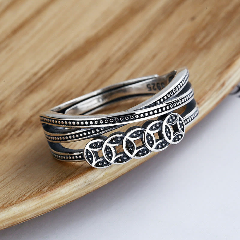 Anillo ajustable de plata de ley 925 de Buddha Stones con monedas de cobre para bendición de riqueza