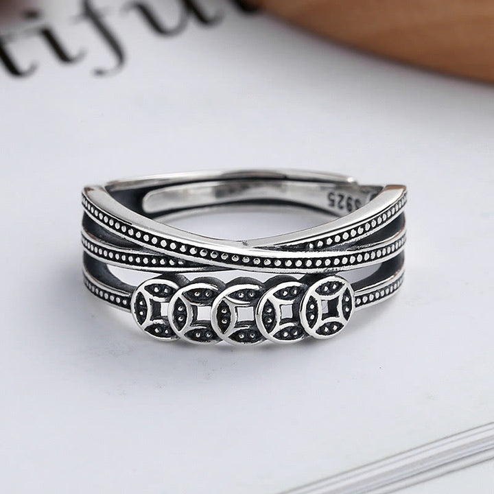 Anillo ajustable de plata de ley 925 de Buddha Stones con monedas de cobre para bendición de riqueza