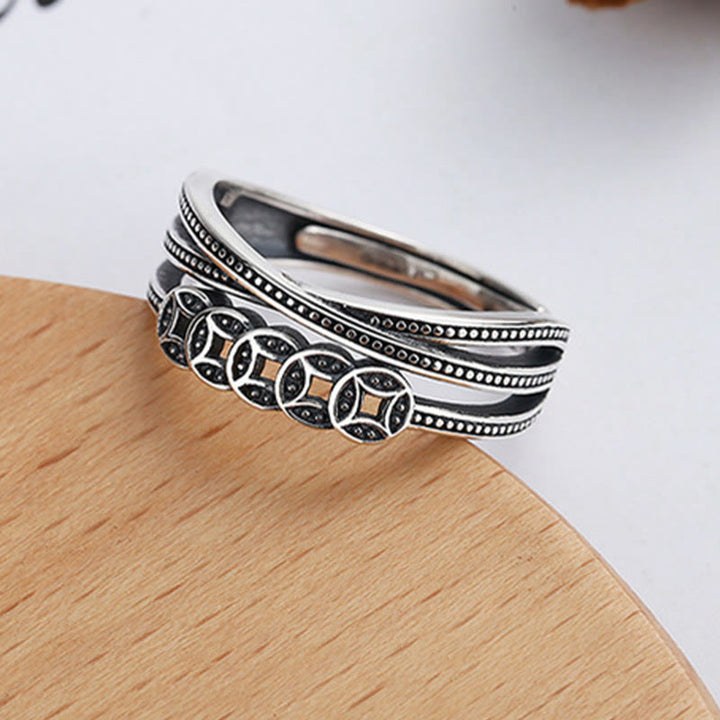 Anillo ajustable de plata de ley 925 de Buddha Stones con monedas de cobre para bendición de riqueza