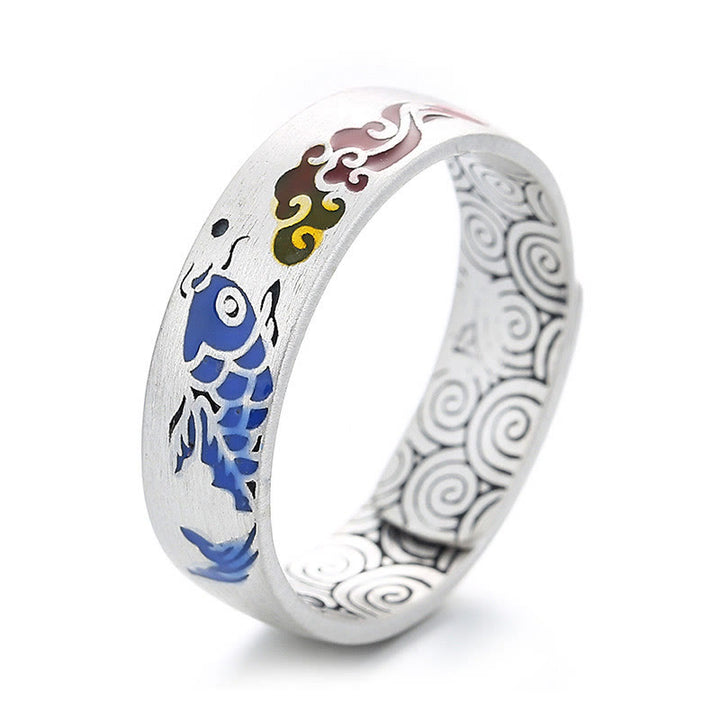 Buddha Stones Anillo de la Suerte con Pez Koi y Nubes Auspiciosas de Riqueza en Plata de Ley 925