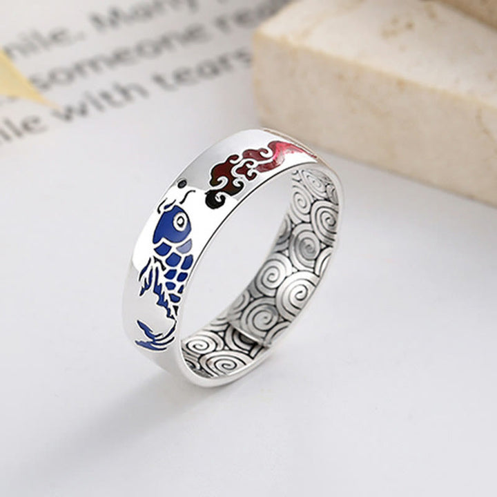 Buddha Stones Anillo de la Suerte con Pez Koi y Nubes Auspiciosas de Riqueza en Plata de Ley 925
