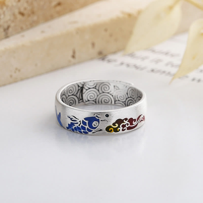 Buddha Stones Anillo de la Suerte con Pez Koi y Nubes Auspiciosas de Riqueza en Plata de Ley 925