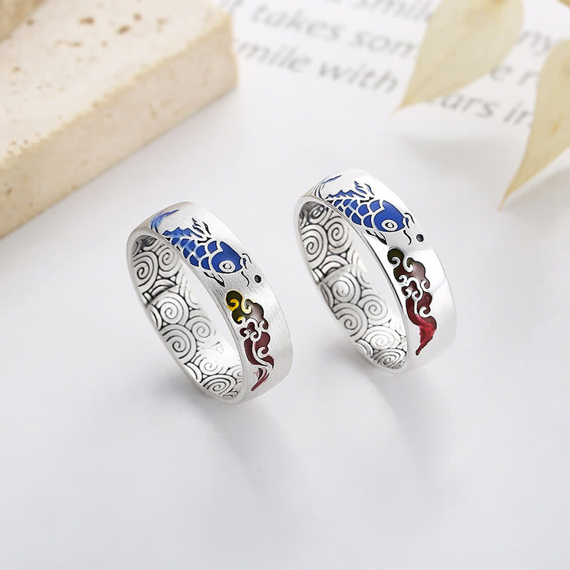 Buddha Stones Anillo de la Suerte con Pez Koi y Nubes Auspiciosas de Riqueza en Plata de Ley 925