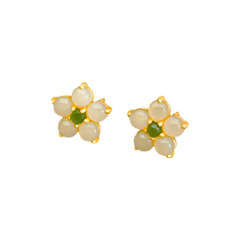 Buddha Stones Pendientes de plata esterlina 925 con jade de Hetian y flor de la suerte