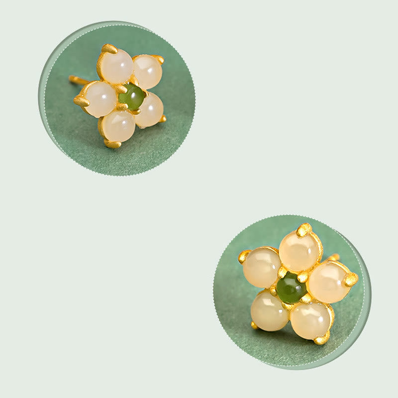 Buddha Stones Pendientes de plata esterlina 925 con jade de Hetian y flor de la suerte