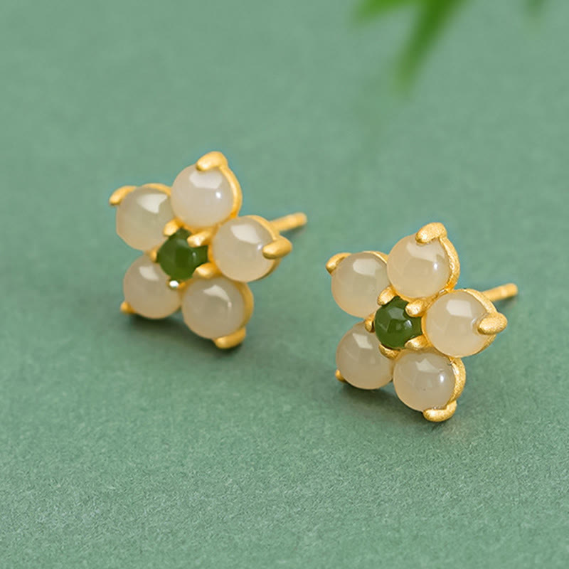 Buddha Stones Pendientes de plata esterlina 925 con jade de Hetian y flor de la suerte