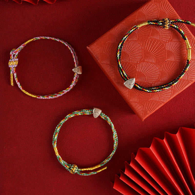Buddha Stones 925 Plata de Ley Carácter Fu Suerte Cuerda Multicolor Pulsera para Niños y Adultos