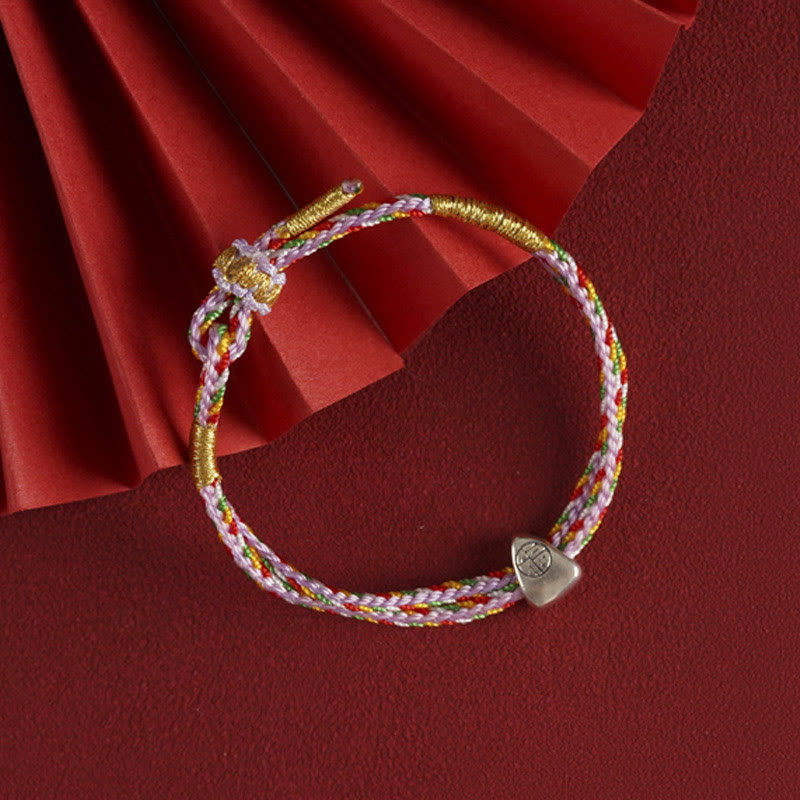 Buddha Stones 925 Plata de Ley Carácter Fu Suerte Cuerda Multicolor Pulsera para Niños y Adultos