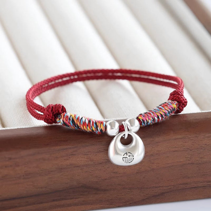 Buddha Stones Pulsera trenzada de plata esterlina 925 hecha a mano con carácter Fu de seguridad y buena suerte