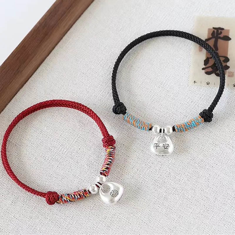 Buddha Stones Pulsera trenzada de plata esterlina 925 hecha a mano con carácter Fu de seguridad y buena suerte