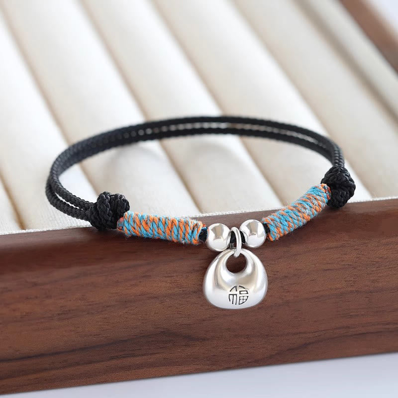 Buddha Stones Pulsera trenzada de plata esterlina 925 hecha a mano con carácter Fu de seguridad y buena suerte - Cuerda negra (circunferencia de la muñeca: 14-26 cm) - image 0