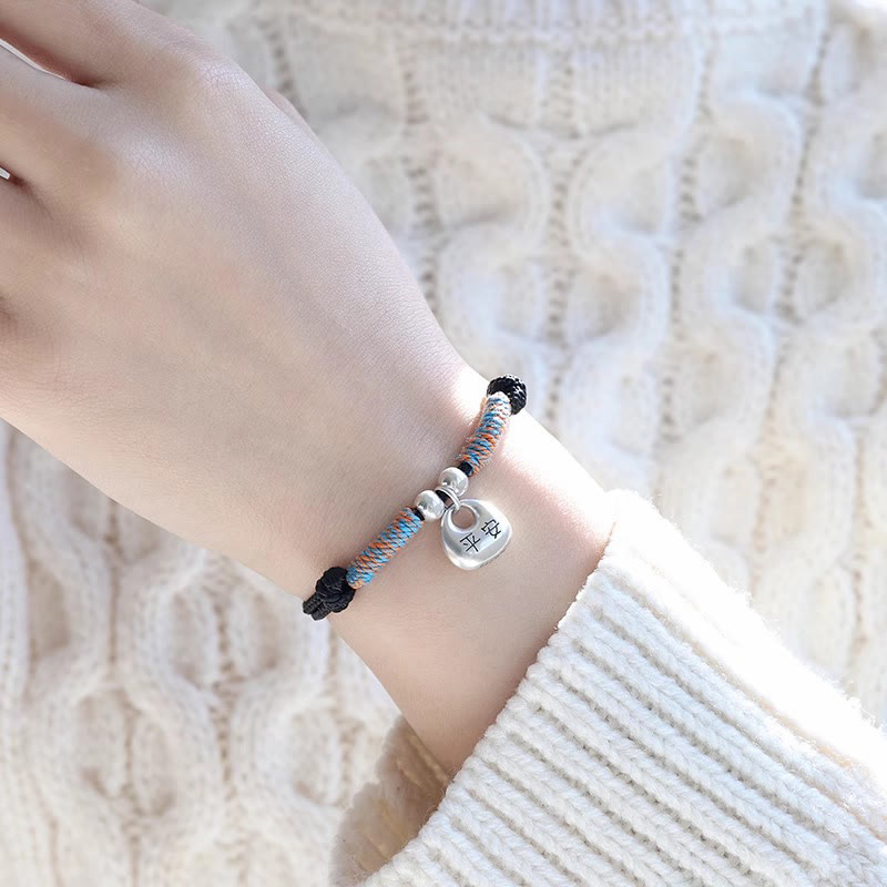 Buddha Stones Pulsera trenzada de plata esterlina 925 hecha a mano con carácter Fu de seguridad y buena suerte