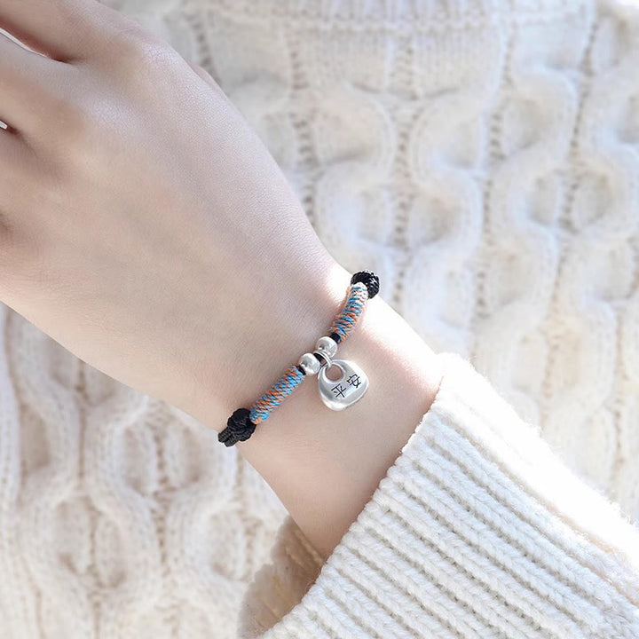 Buddha Stones Pulsera trenzada de plata esterlina 925 hecha a mano con carácter Fu de seguridad y buena suerte