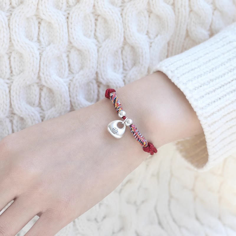 Buddha Stones Pulsera trenzada de plata esterlina 925 hecha a mano con carácter Fu de seguridad y buena suerte