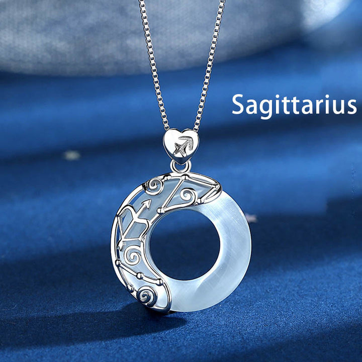 Buddha Stones Collar colgante de amor con soporte de ojo de gato con 12 constelaciones del zodiaco en plata de ley 925