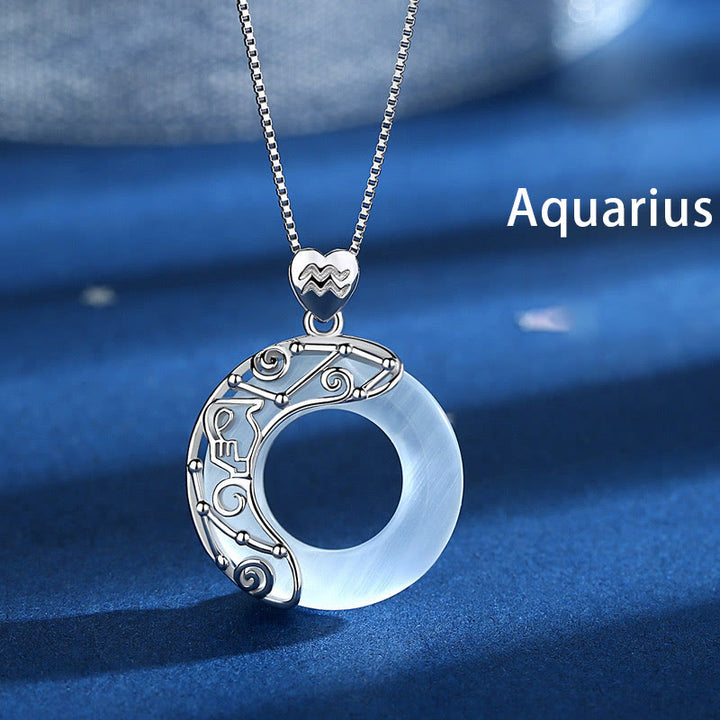 Buddha Stones Collar colgante de amor con soporte de ojo de gato con 12 constelaciones del zodiaco en plata de ley 925